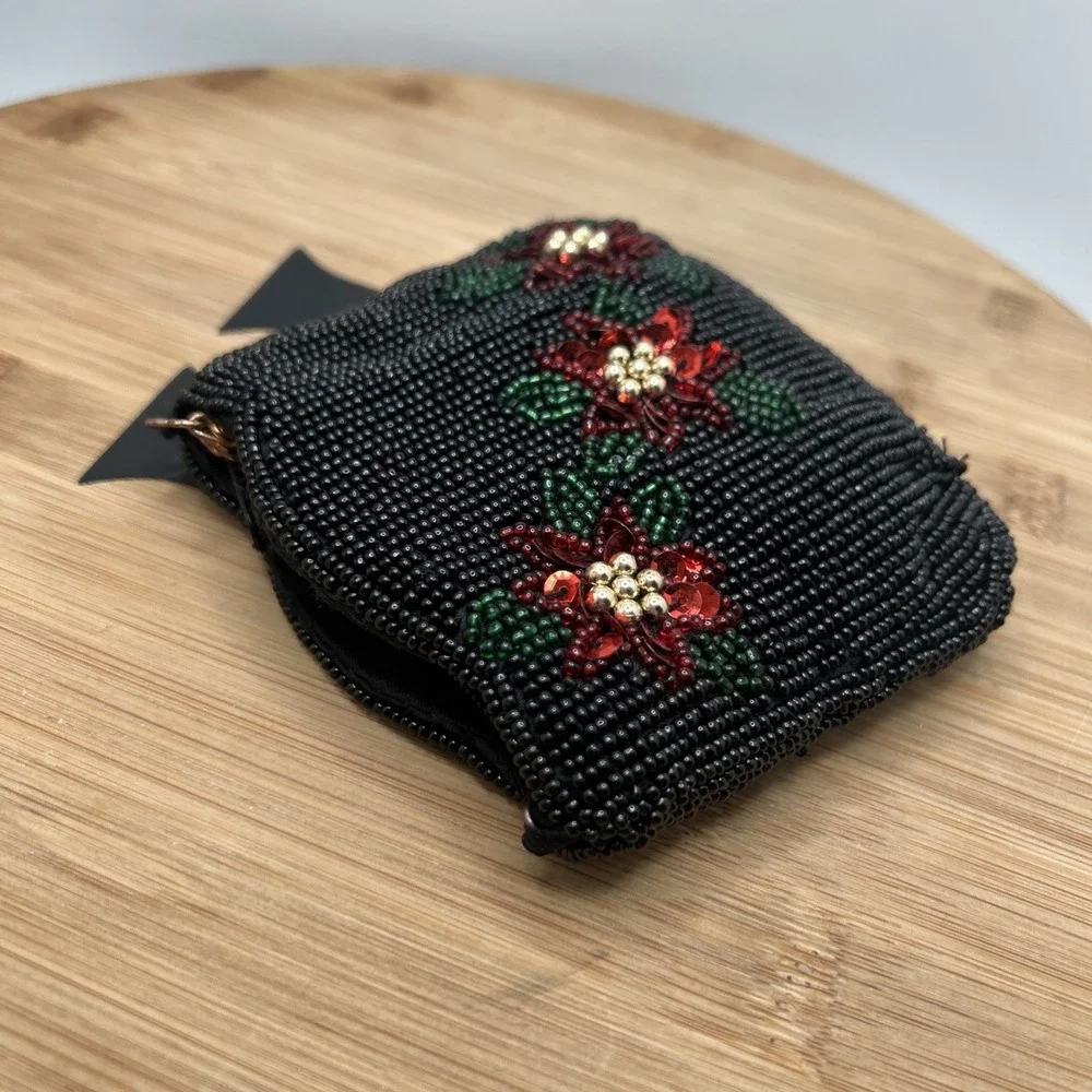 Beaded Poinsettia Zippered Pouch Clutch Coin Purse Small 7 3/4